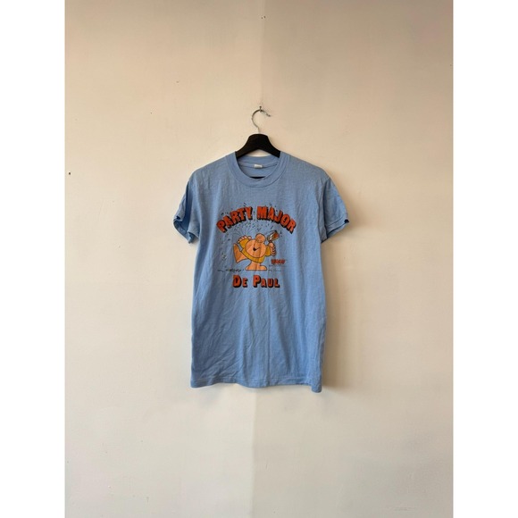 Vintage DePaul Party Major Shirt Mens Small Blue‎ Devknit College Graphic 80s